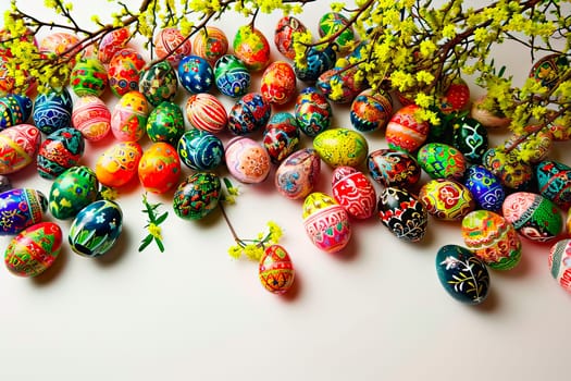 Very many Easter egg pieces lying on a white ground. Next to it lies a branch plucked from a bush. Small yellow flowers are growing on the branch.