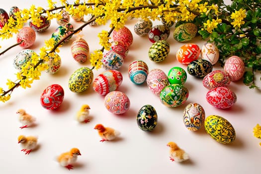 Easter eggs painted in many colours lie on a white ground. Next to the eggs are small chickens and a branch. On the branch are green leaves and tiny yellow flowers.