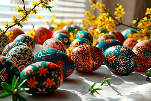 Many colourful Easter eggs lie among the branches from the forsythia bush. The eggs lie on the windowsill by the window. Soft rays of sunlight fall from the window.