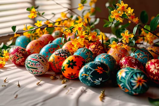 The soft light coming through the window illuminates the colourful Easter eggs lying on the windowsill. Next to the Easter eggs lie tiny yellow flowers on a branch.