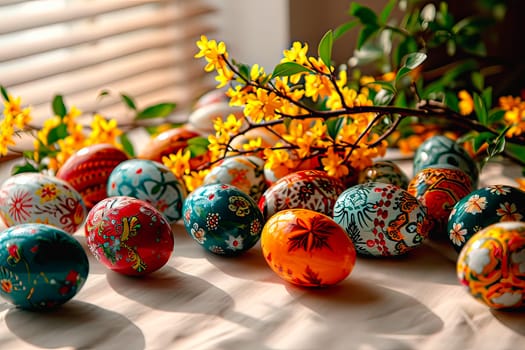 The window is covered by a blind. By the window, on the windowsill, lie many colourful hand-painted Easter eggs. Next to the eggs lies a branch from a forsythia bush.