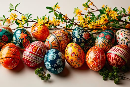 On the white tabletop lies a branch cut from a forsythia bush. Beside it lie many pieces of colourful, hand-painted Easter eggs.