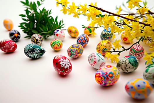 Branches plucked from a forsythia bush decorate a table with a white tablecloth. Many painted Easter eggs lie next to it.