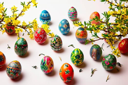 On the white ground there are small vases containing twigs picked from the forsythia bush. Between the vases lie different coloured Easter eggs.