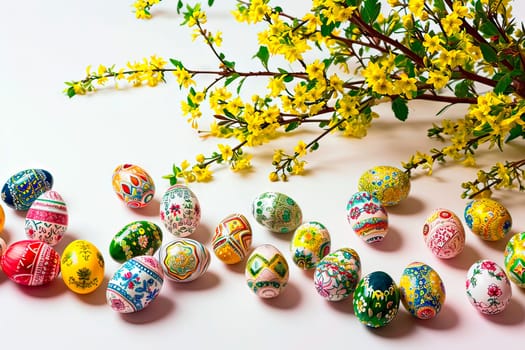 Lots of colourful Easter eggs scattered in a messy white ground. WIdok from above. Next to the Easter eggs lie branches plucked from the forsythia bush.
