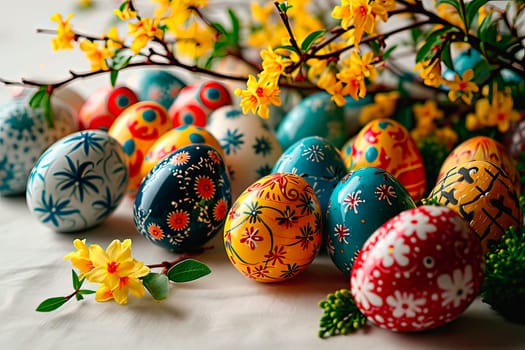 Close-up of a set of Easter eggs lying on a table. The table is covered with a white tablecloth. A branch plucked from a forsythia bush hangs above the eggs.