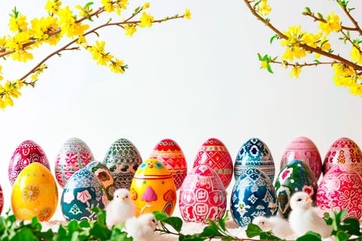 The paint-painted pans are lined up in even rows. Little chickens walk in front of them. Twigs from a forsythia bush are visible on a white background.