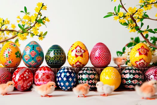 Blurred figures of small chickens in the foreground. At the back, on a raised platform, stand colourful painted Easter eggs. In the background can be seen branches from a forsythia bush.