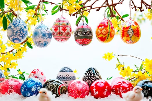 Hand-painted Easter eggs hang from forsythia branches. Easter eggs also lie below, with little chickens standing next to them.