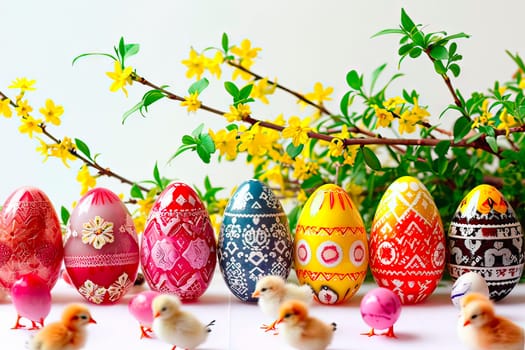 A section of forsythia bush with yellow flowers can be seen in the background. In front, little chickens are walking around. Next to them stands a row of colourful Easter eggs.