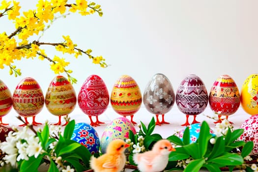 A row of hand-painted Easter eggs with chicken-like legs sticking out of them. Plants, flowers and small chickens are visible in the foreground.