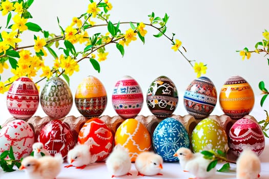 The coloured Easter eggs stand in two rows against a white background. In the foreground sit small white chickens. At the top, forsythia branches can be seen.