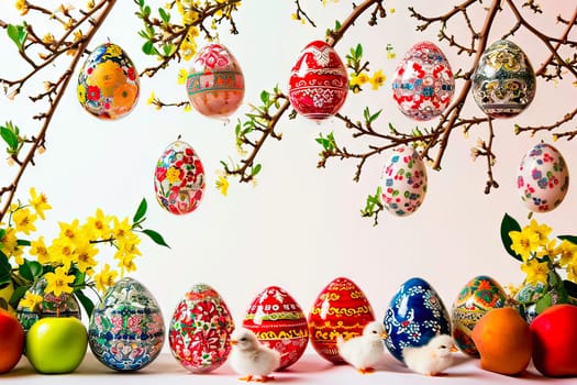 At the top, you can see branches with yellow flowers and hanging Easter eggs. At the bottom there are many colourful Easter eggs standing in a row. Small white chickens walk between the eggs.