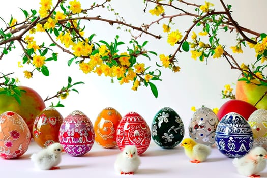 White and yellow chickens stand next to coloured Easter eggs on a white background. Above the eggs are sprigs of forsythia with yellow flowers.