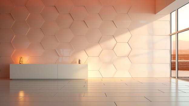 Reception desk in a modern lobby with geometric wall design, sunset view.