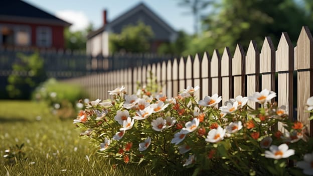 Cozy suburban home with a classic wooden picket fence and vibrant flowerbeds under the shade of mature trees.