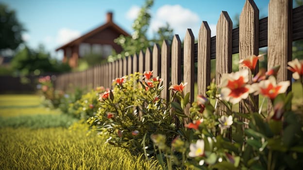 flowers blooming along a wooden picket fence in a suburban setting with a house in the background.