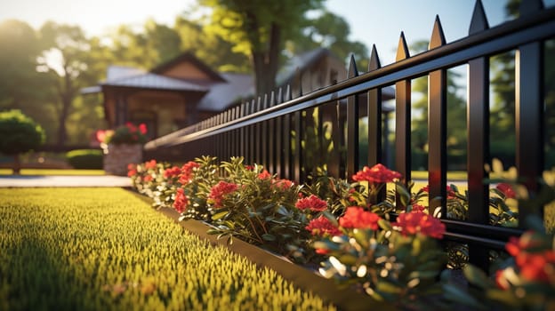 Sunlight filters through a black wrought iron fence onto a vibrant garden of red flowers and manicured lawn in a suburban setting