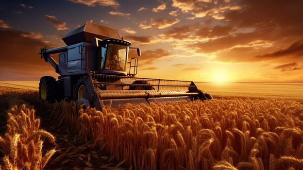 combine harvester collects ripe wheat early in the morning at dawn, a field against the background of dawn, harvest concept, food crisis, agricultural problems, high quality photo