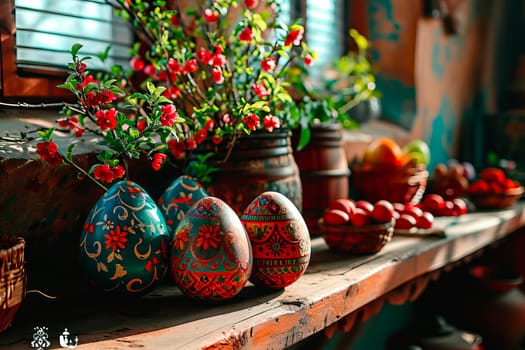 Easter eggs, fruit bowls and flowers are placed on the windowsill by the window. The wooden windowsill is illuminated by the sun's rays.