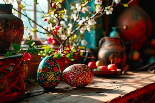 The old wooden kitchen is full of earthenware. They stand on the windowsill. Next to them stand two Easter eggs and freshly cut branches with spring flowers.