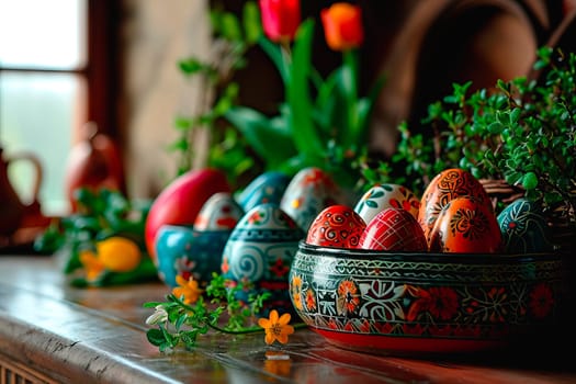 Easter eggs displayed in a colourful hand-painted bowl. There are plenty of cut flowers around. In the background you can see the blurred outline of a window with light streaming in.