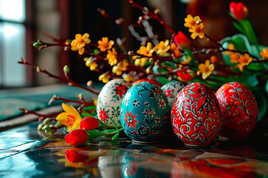 Glossy mosaic top in shades of turquoise. Easter eggs painted in intricate patterns stand on the tabletop. Colourful flowers lie next to the eggs.