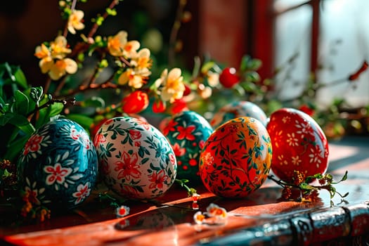 Several patterned Easter eggs lie on the table. The eggs are painted with coloured paints. On the back you can see multicoloured sprigs with flowers.