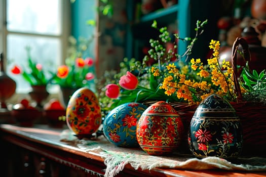 A hand-woven white tablecloth lies on a countertop in a traditional country kitchen. Easter eggs of various colours and a wicker basket full of flowers stand there.