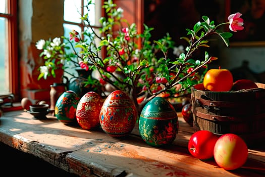 In the old kitchen, fruit, flowers and a few hand-painted Easter eggs lie on the wooden countertop. Traditional handicraft art. A window can be seen in the background.