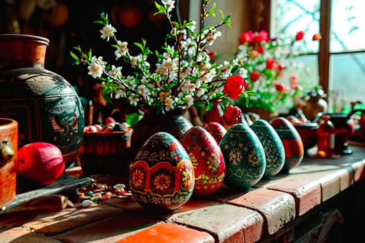 Old kitchen worktop covered with bricks. Colourful Easter eggs in folk patterns stand on the worktop. Next to them are vases of various sizes. In the vases are bouquets of spring flowers.