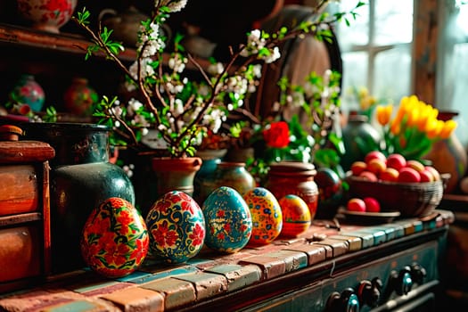 A close-up of the kitchen worktop with many old clay pots and vases containing flowers. A basket of fruit and some colourful Easter eggs can be seen.