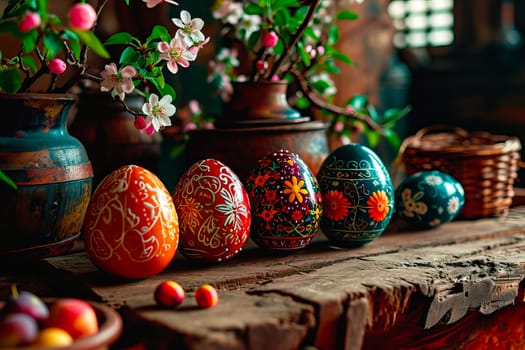Wooden kitchen in brown colours. Fruit and Easter eggs lie on a damaged table. There are flowers in pots and vases. A smudged wicker basket can be seen in the background.