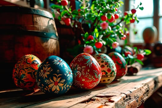 A wooden barrel seen in close-up. The barrel stands on an old wooden table. In front of the barrel, in the foreground, stand colourful Easter eggs.
