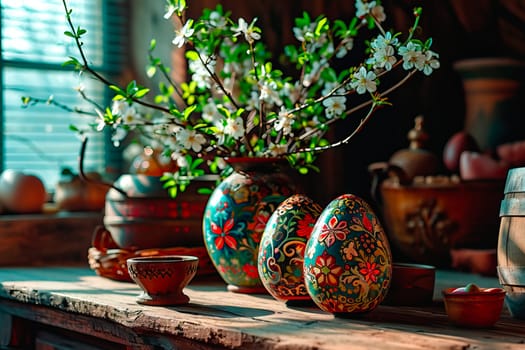 Rays of light from the window fall on the wooden table. On the table stand hand-painted Easter eggs and freshly cut flowers in vases.