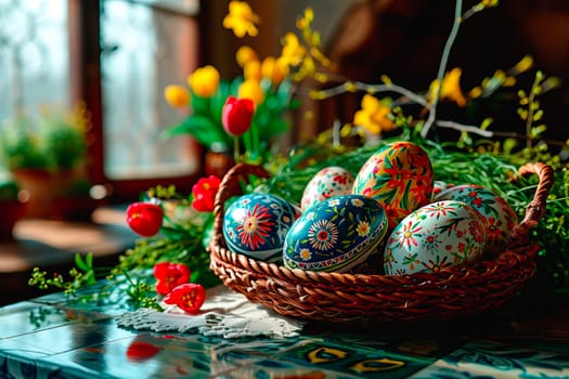 Presentation of handicrafts. Easter eggs lie in a wicker basket. The eggs are hand-painted in folk patterns. Lots of freshly cut flowers lie on the tabletop.