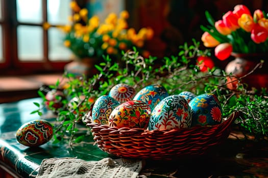 Folk craft Easter eggs arranged in a wicker basket. In the background you can see a bouquet of tulips arranged in a jug. Blurred background. Soft afternoon light falls from the window.