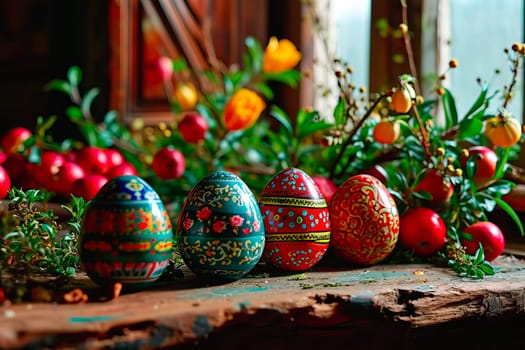 Destroyed, cracked wooden top. Colourful Easter eggs in folk traditional designs stand on the tabletop. Next to it are fruits and lots of cut flowers.