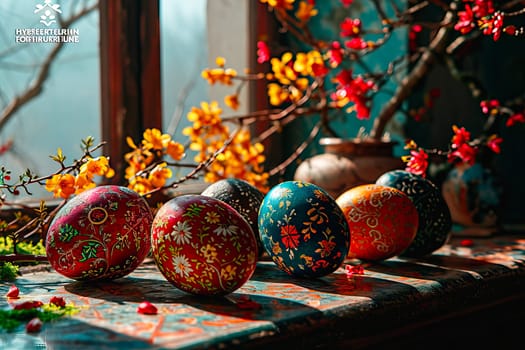 On the windowsill stands a large vase with cut branches in it. Spring flowers are growing on the branches. In the background you can see a window with a wooden frame. In front are arranged coloured Easter eggs, on which the sun's rays are falling.