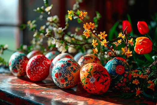 Cut branches of flowering spring trees lie on the table. Next to them, in the foreground, you can see hand-painted Easter eggs decorated with folk designs.