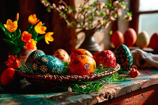 Traditionally painted Easter eggs lie on the kitchen table. The eggs are arranged in a wicker basket. Around the basket lie flowers. An Easter centerpiece in the old kitchen.