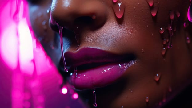 Juicy female lips with pink lipstick and water drops in neon lighting.