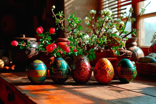 Easter eggs stand on a wooden table by the window. In the back, behind them lie various cut flowers. In the background, you can see a blurred window. Outside the window, the afternoon sun is shining.