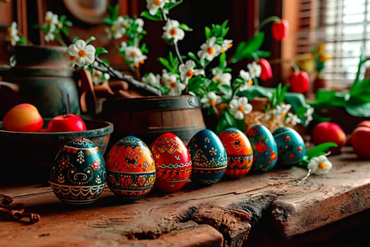 A barrel, bowls and pots can be seen in the background. Flowers are growing in some of the pots. Interior of an old wooden house in the countryside. Colourful Easter eggs stand in the foreground.
