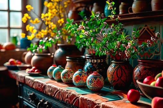 Flowering plants grow in large pots. There are red apples in a bowl and on the tabletop. In front are several small, colourful jugs that are hand-painted.