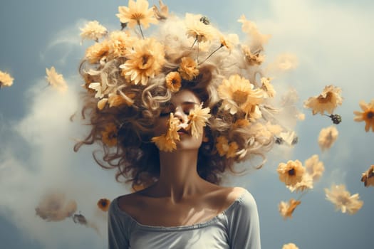 A girl with a huge bouquet of flowers in her hair.