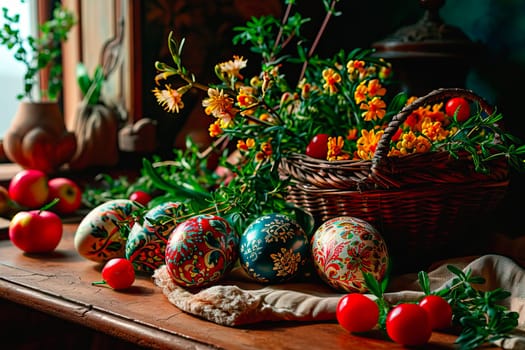 Yellow spring flowers and red fruit fill a large wicker basket. The basket stands on a wooden table. At the front, in front of the basket, lie hand-painted Easter eggs in patterns.