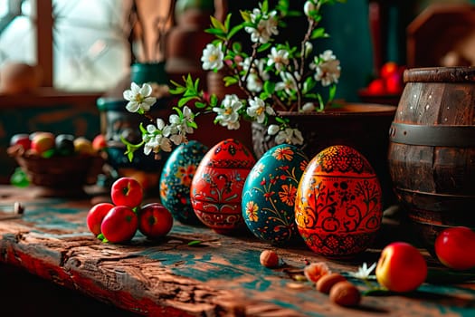 Fruit, white spring flowers on a branch, colourful Easter eggs, a barrel, pots lie on an old wooden table. Easter decorations seen in close-up. In the background, a window and windowsill.