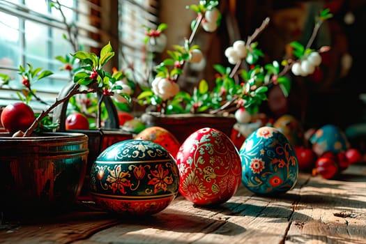 Red and blue Easter eggs lie by the flower pots. The pots stand on the windowsill of the kitchen window. The windowsill is old and wooden.