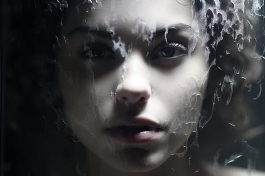 Portrait of a young girl girl behind glass with water drops.